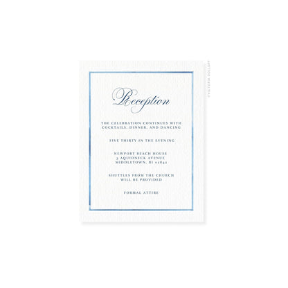 Watercolor Border Enclosure Card – Ocean blue border, artful cursive “Reception”, navy text