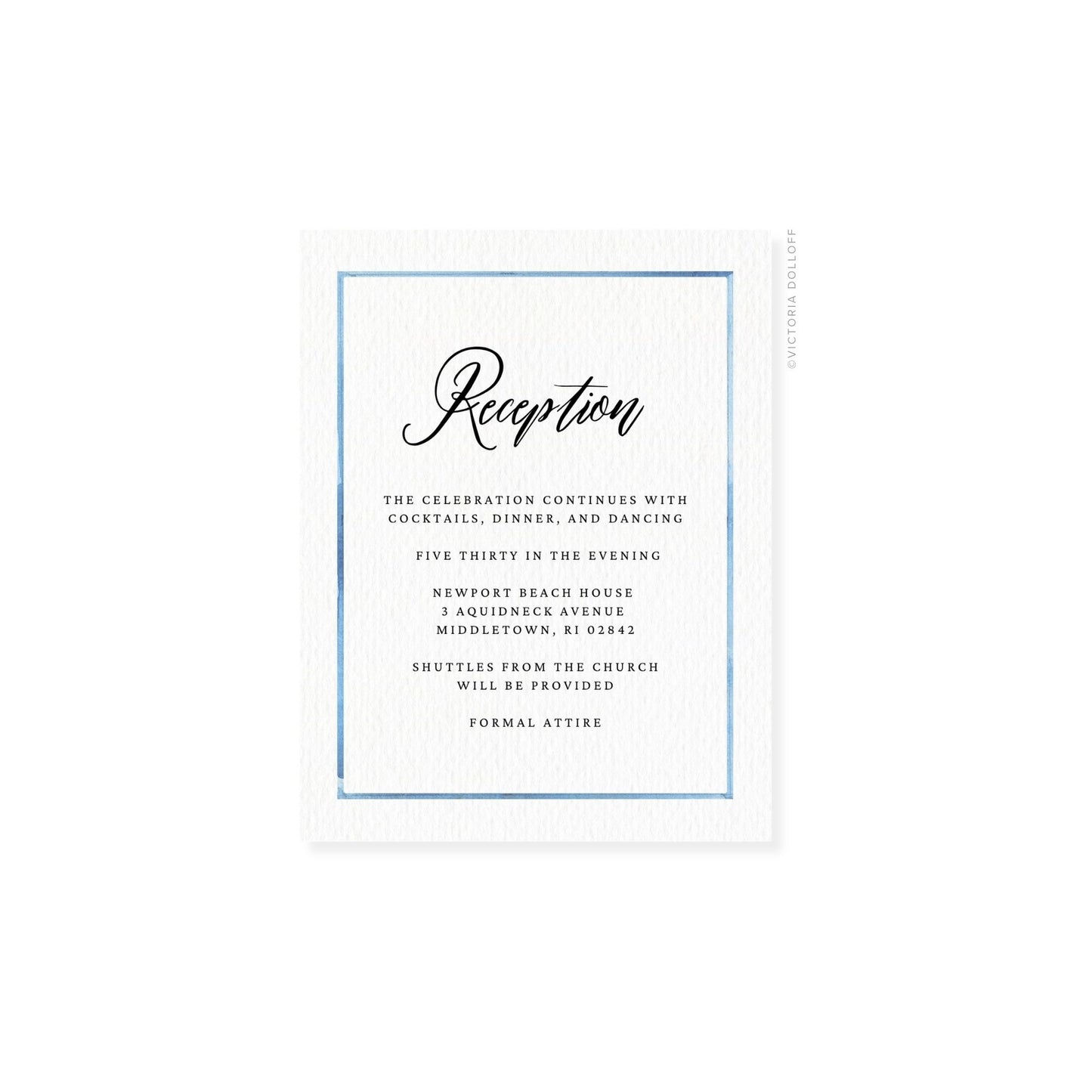 Reception enclosure card with blue border and black cursive “Reception”