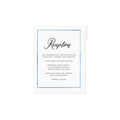 Reception enclosure card with blue border and black cursive “Reception”
