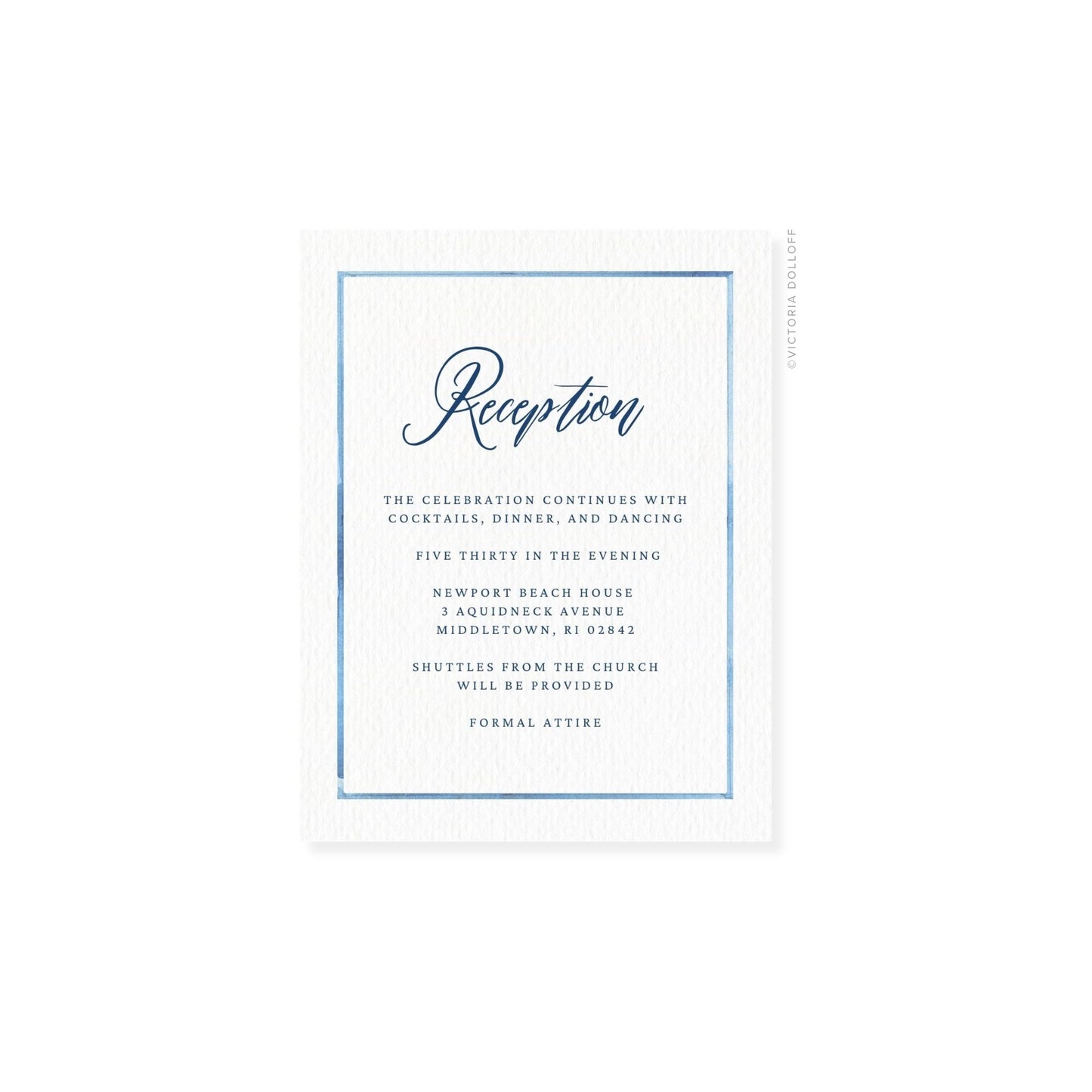 Reception enclosure card with blue border and navy cursive “Reception”