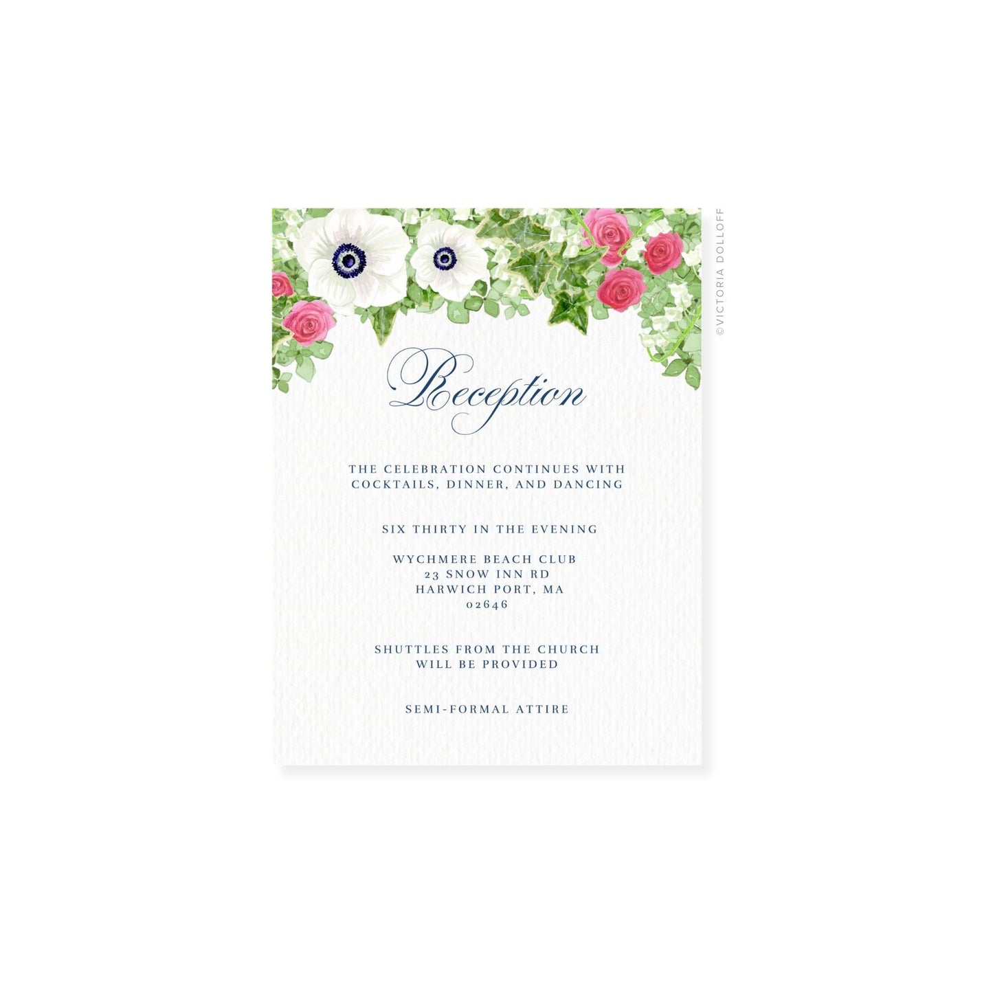 Floral “Reception” enclosure card with pink roses border and navy script headline
