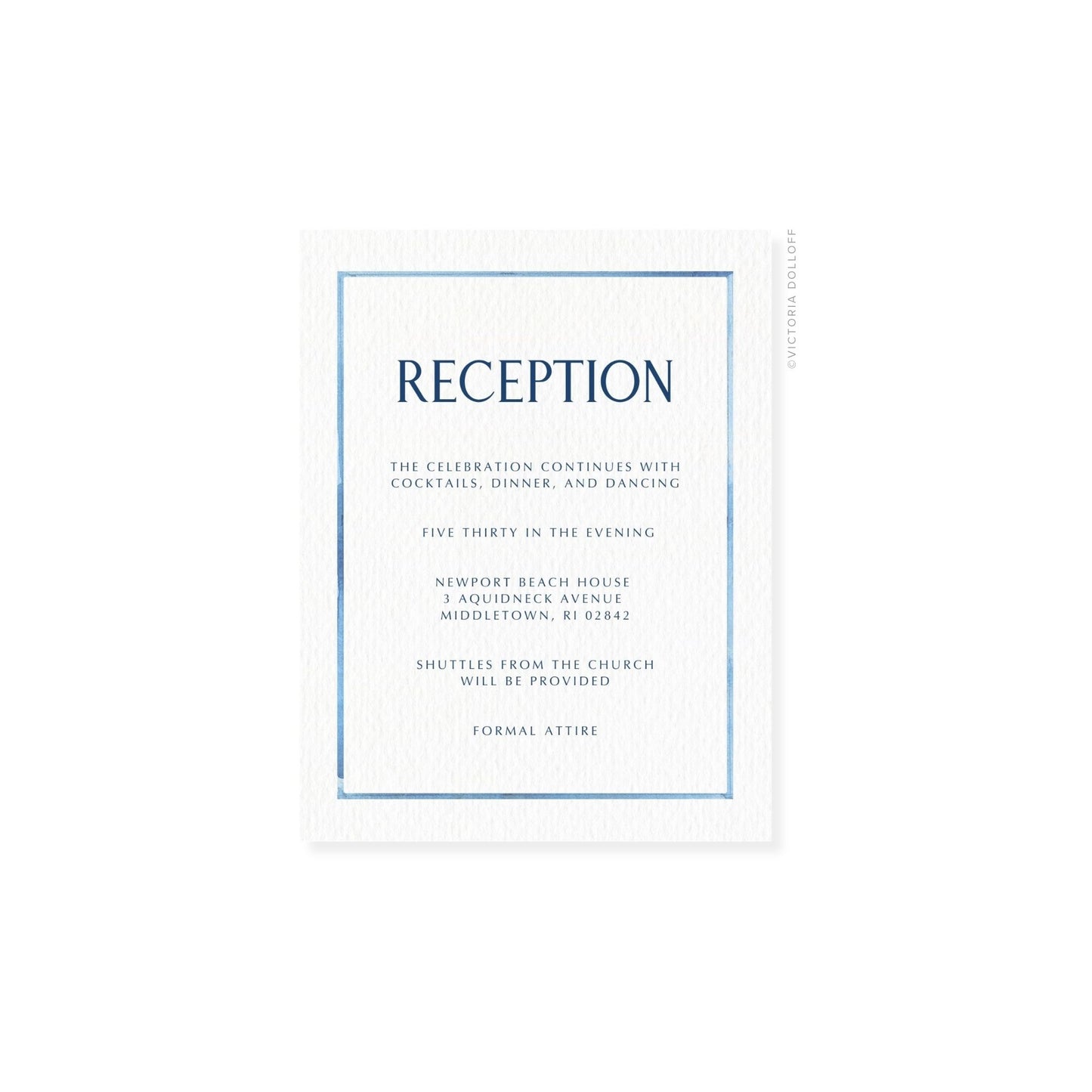 Watercolor Border Enclosure Card – Ocean blue border, uppercase “RECEPTION”, blue text