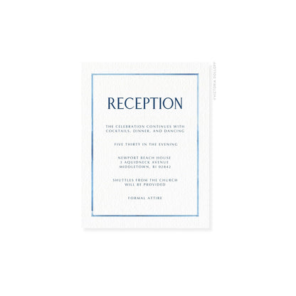 Watercolor Border Enclosure Card – Ocean blue border, uppercase “RECEPTION”, blue text