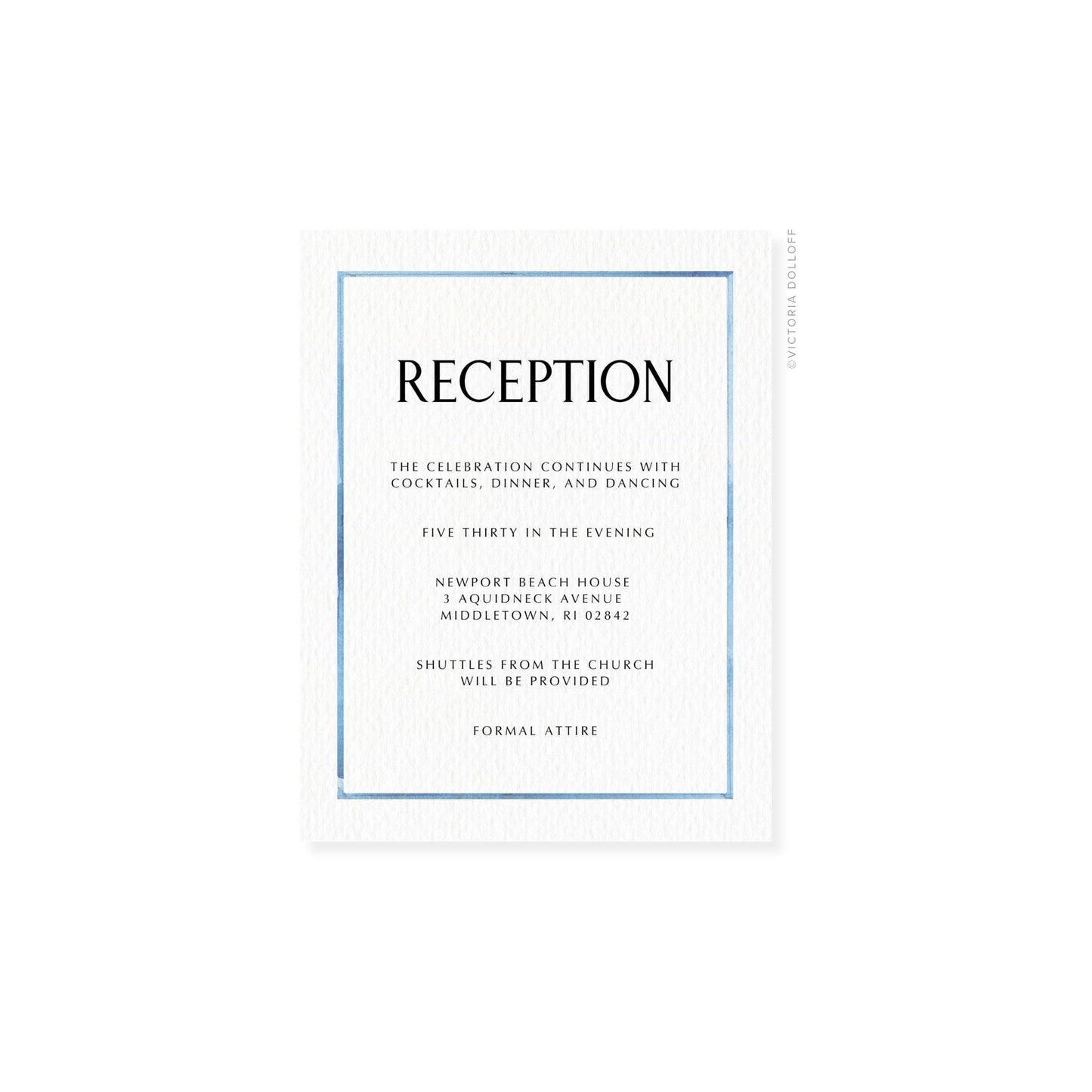 Watercolor Border Enclosure Card – Ocean blue border, uppercase “RECEPTION”, black text