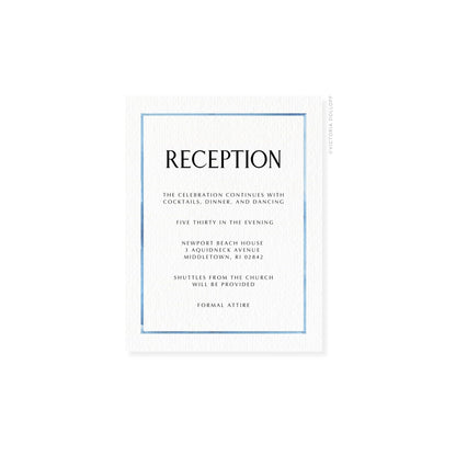 Watercolor Border Enclosure Card – Ocean blue border, uppercase “RECEPTION”, black text