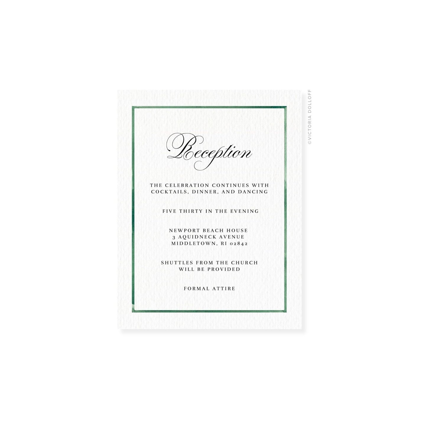 Watercolor Border Enclosure Card – Emerald green border, artful script “Reception”, black text