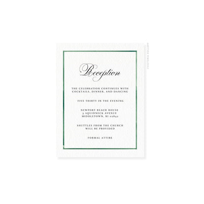 Watercolor Border Enclosure Card – Emerald green border, artful script “Reception”, black text