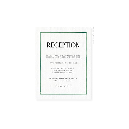Watercolor Border Enclosure Card – Emerald green border, uppercase “RECEPTION”, black text