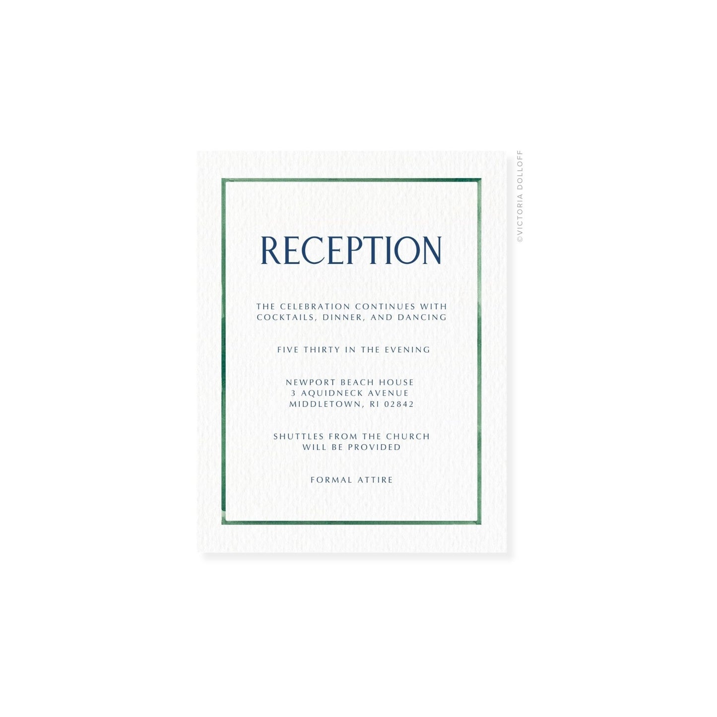 Watercolor Border Enclosure Card – Emerald green border, uppercase “RECEPTION”, navy text