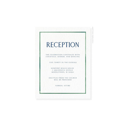 Watercolor Border Enclosure Card – Emerald green border, uppercase “RECEPTION”, navy text