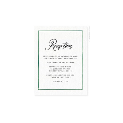 Watercolor Border Enclosure Card – Emerald green border, artful cursive “Reception”, black