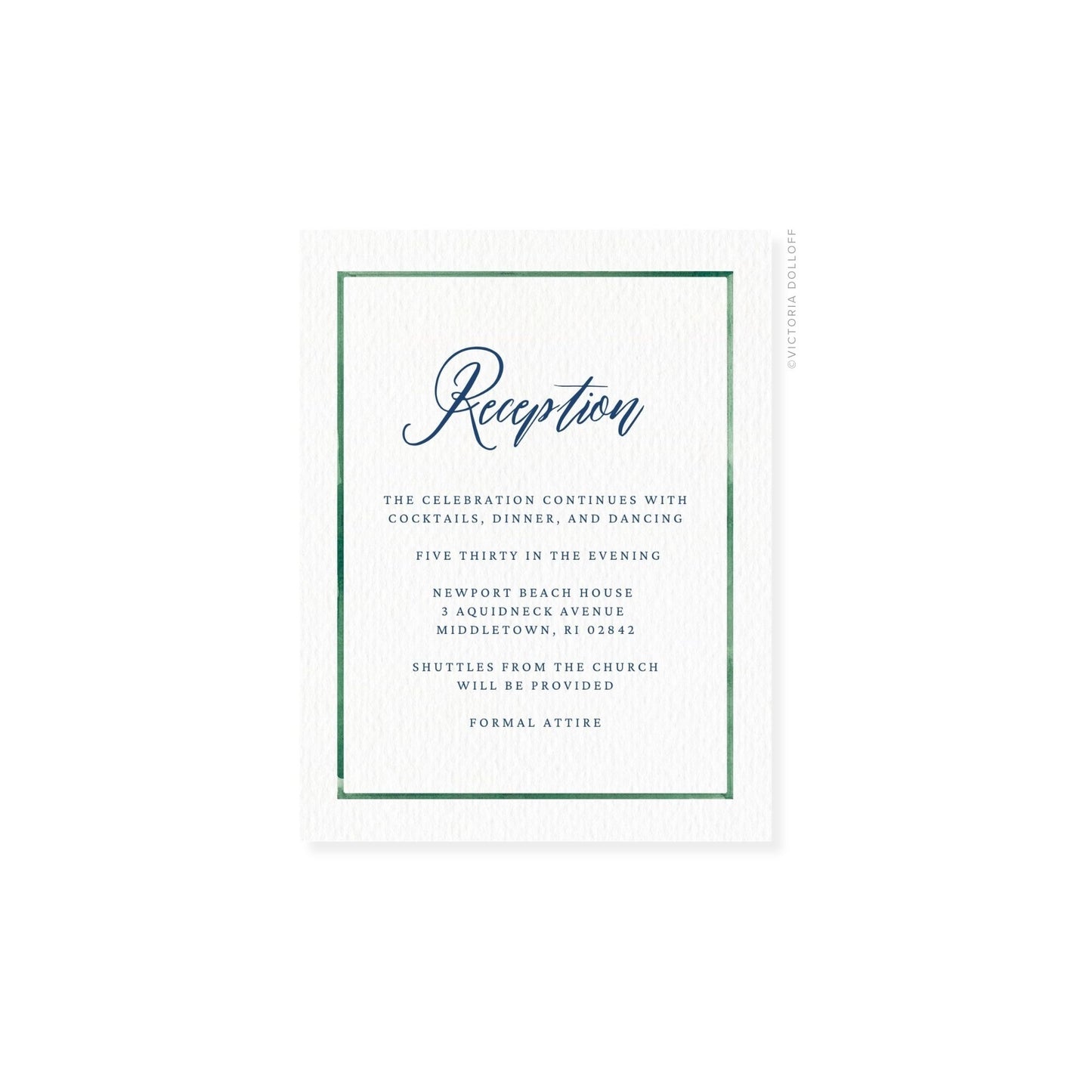 Watercolor Border Enclosure Card – Emerald green border, artful cursive “Reception”, navy