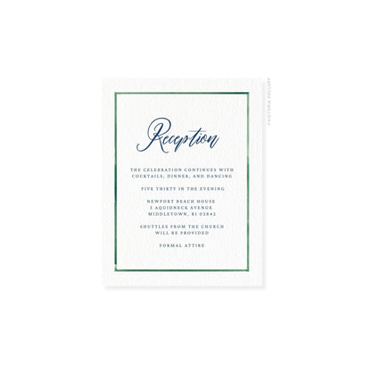 Watercolor Border Enclosure Card – Emerald green border, artful cursive “Reception”, navy