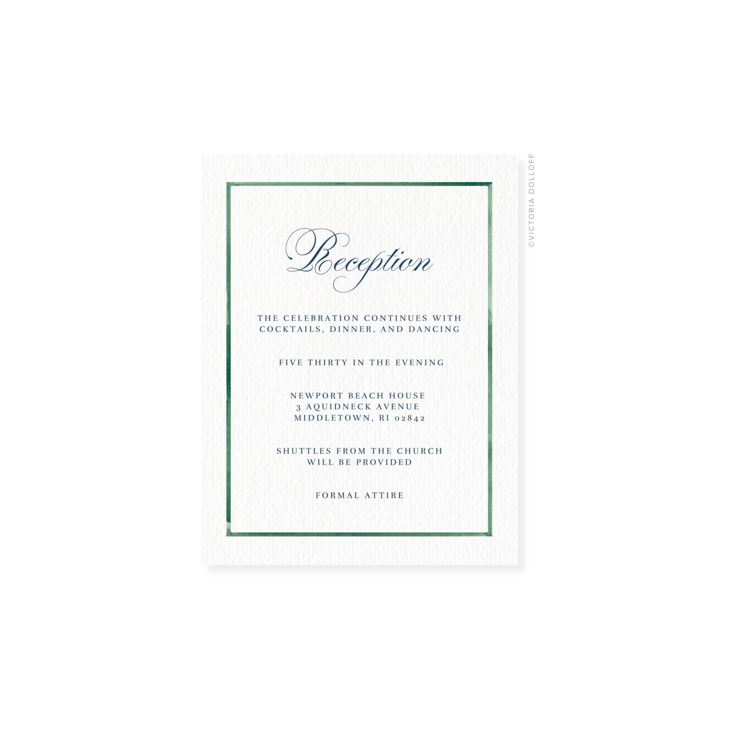 Watercolor Border Enclosure Card – Emerald green border, artful script “Reception”, navy text