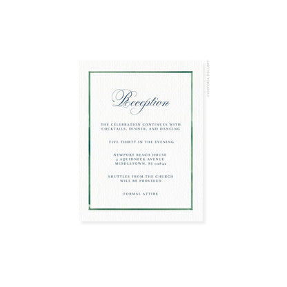 Watercolor Border Enclosure Card – Emerald green border, artful script “Reception”, navy text