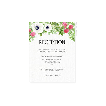 Floral enclosure card with dark uppercase “RECEPTION” text and pink rose corner flowers