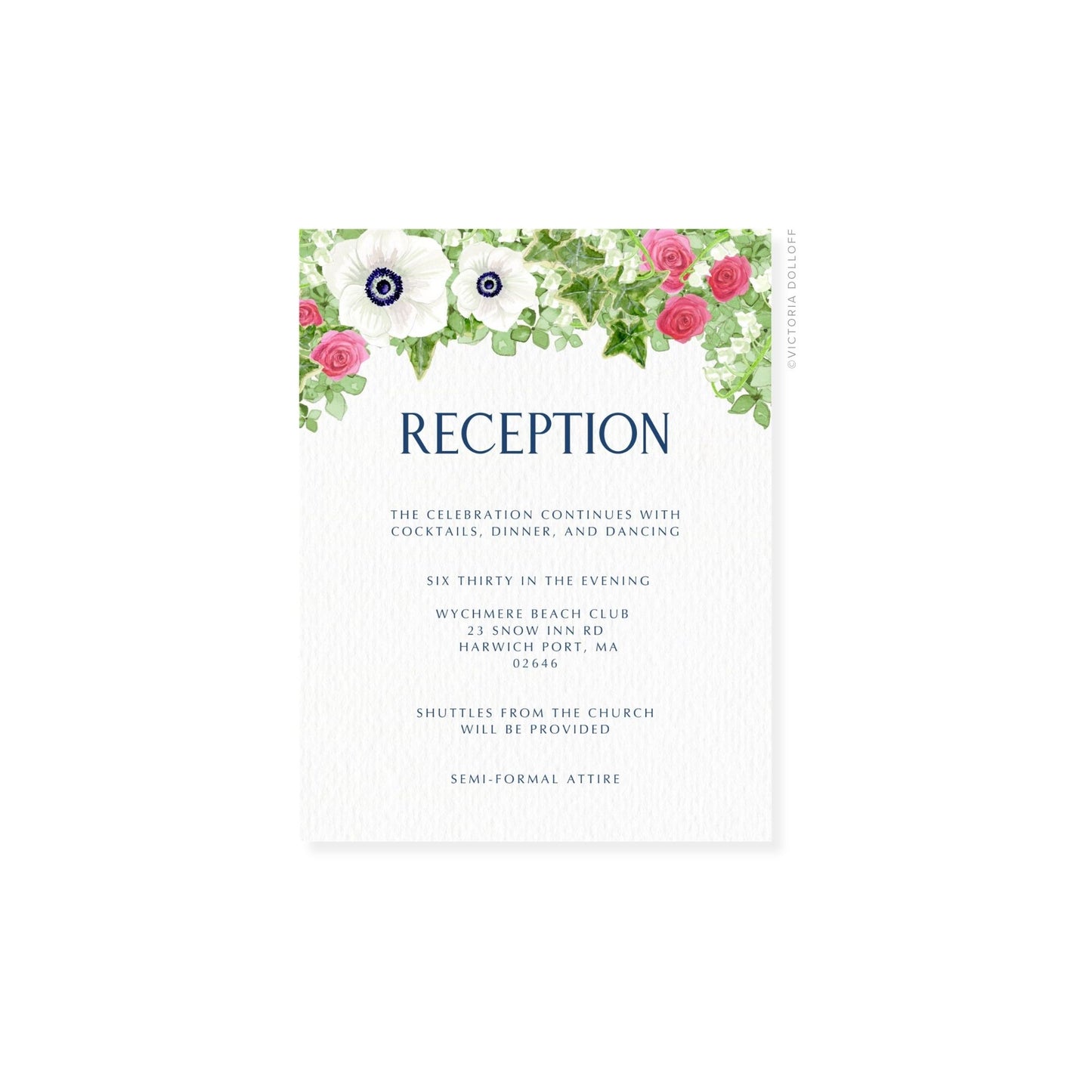 Floral enclosure card with blue uppercase “RECEPTION” text and pink-green floral border