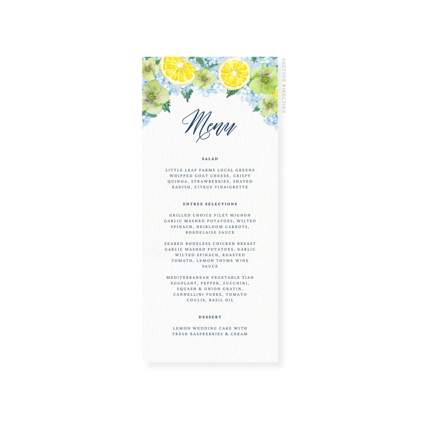 Wedding menu card, script “Menu” with salad, entree, and dessert text blocks