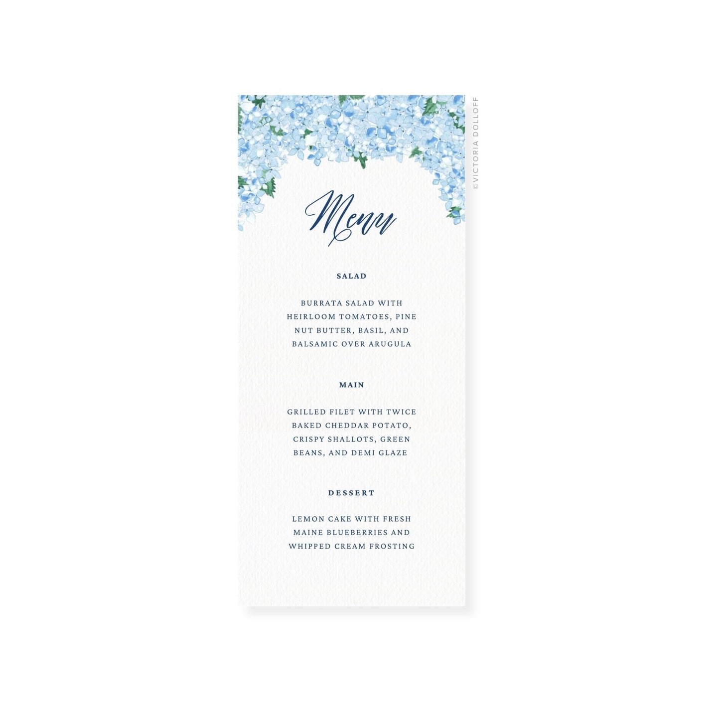 Blue hydrangea wedding menu card with cursive “Menu” and Salad, Main, Dessert sections
