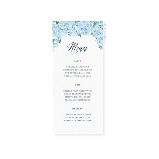 Blue hydrangea wedding menu card with cursive “Menu” and Salad, Main, Dessert sections