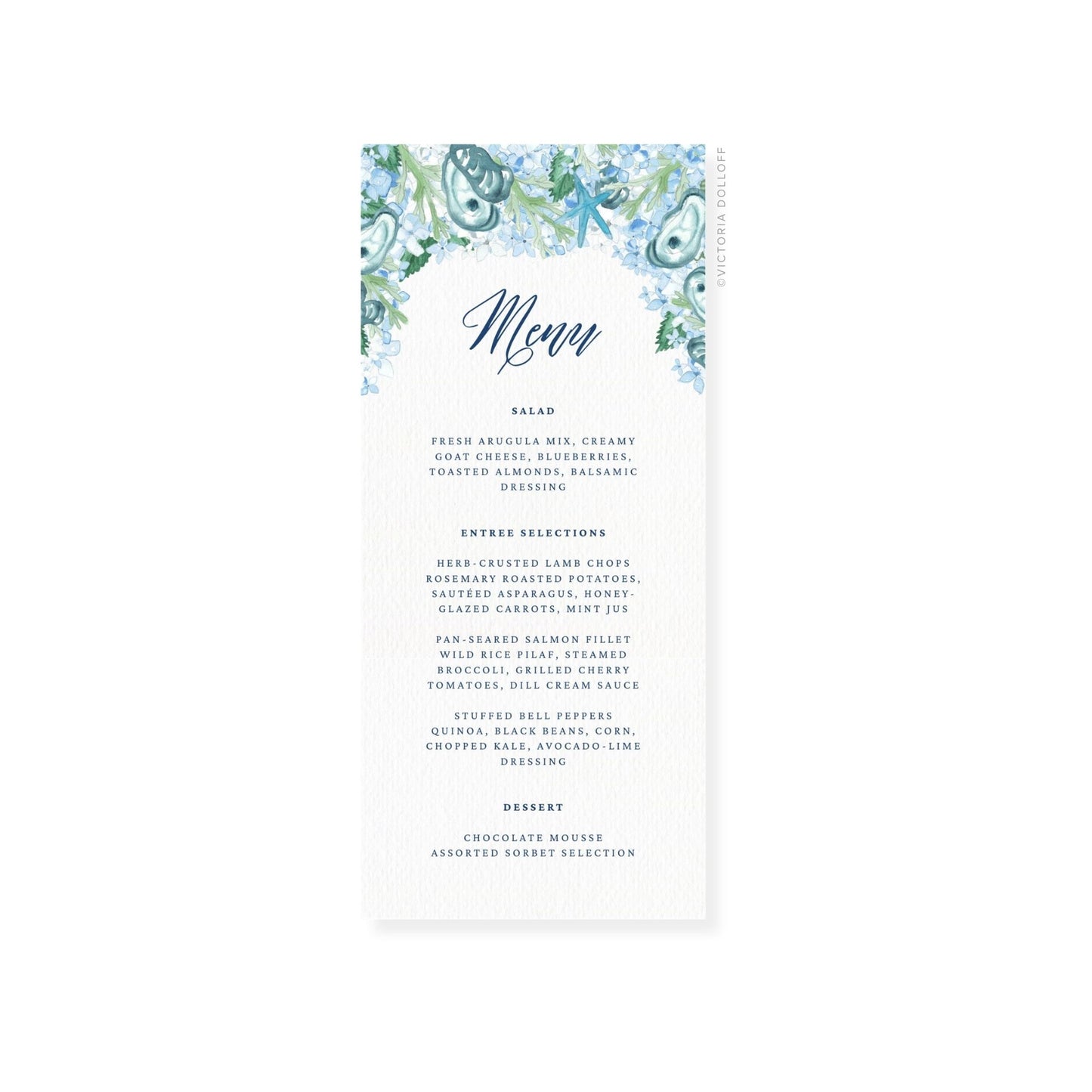 Coastal Oyster wedding menu card with floral oyster border and “Menu” in script
