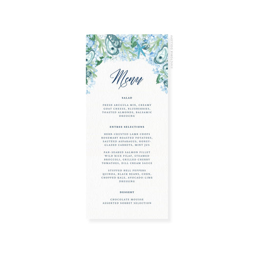 Coastal Oyster wedding menu card with “Menu” script and framed entree and dessert text