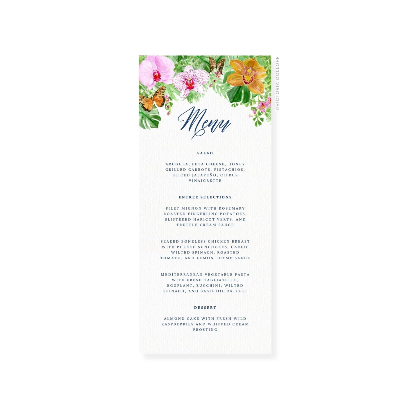 Wedding menu card with tropical orchids and butterflies, cursive “Menu” headline