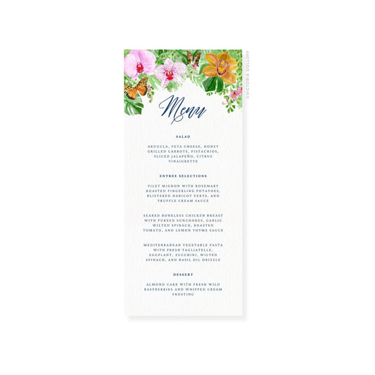 Wedding menu card design with vibrant tropical floral border, cursive “Menu”