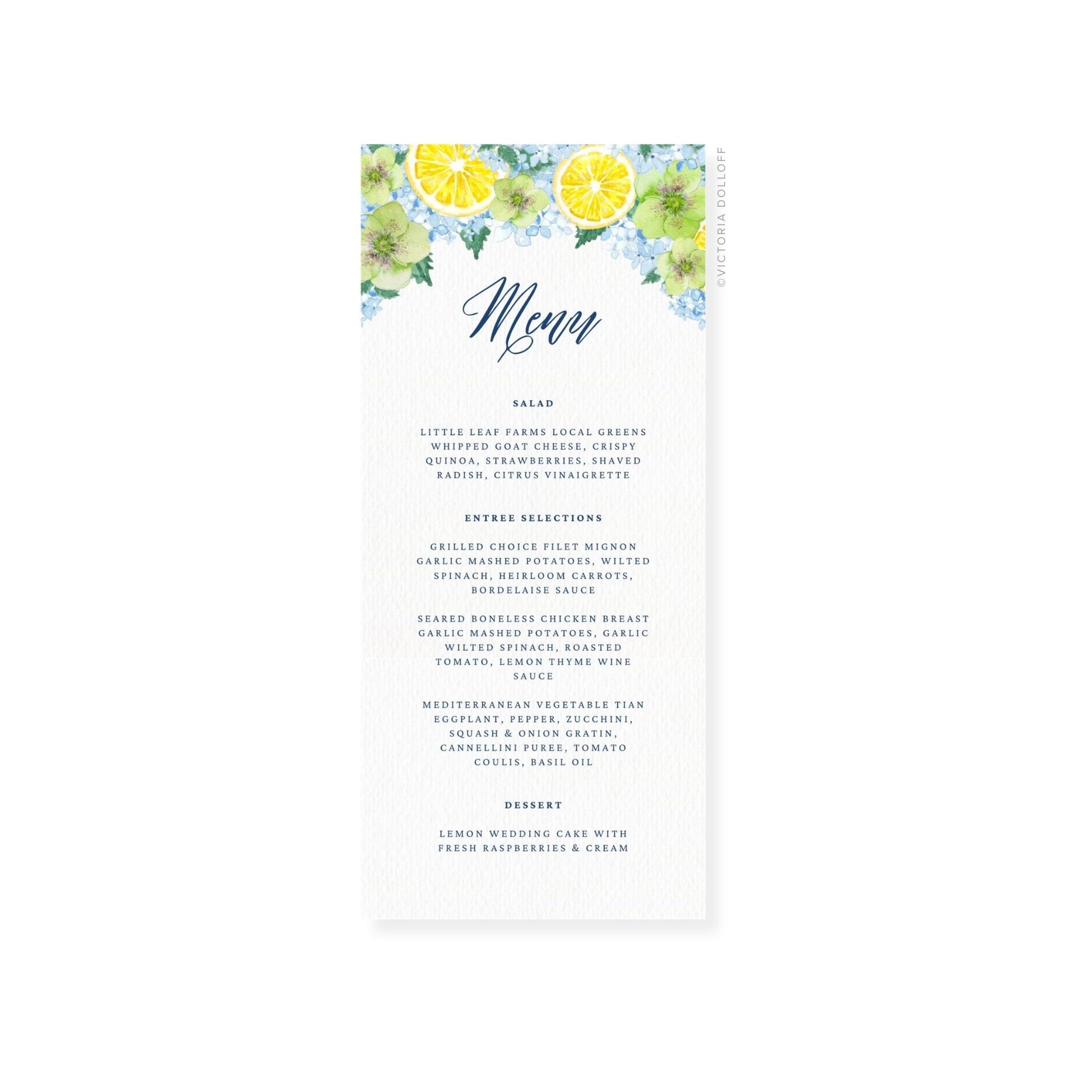 Wedding menu card with lemon & hydrangea border, script “Menu” headline