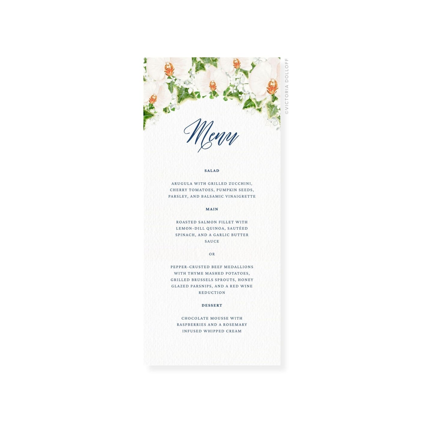 Wedding menu card with “Menu” in elegant script, floral top border, white background