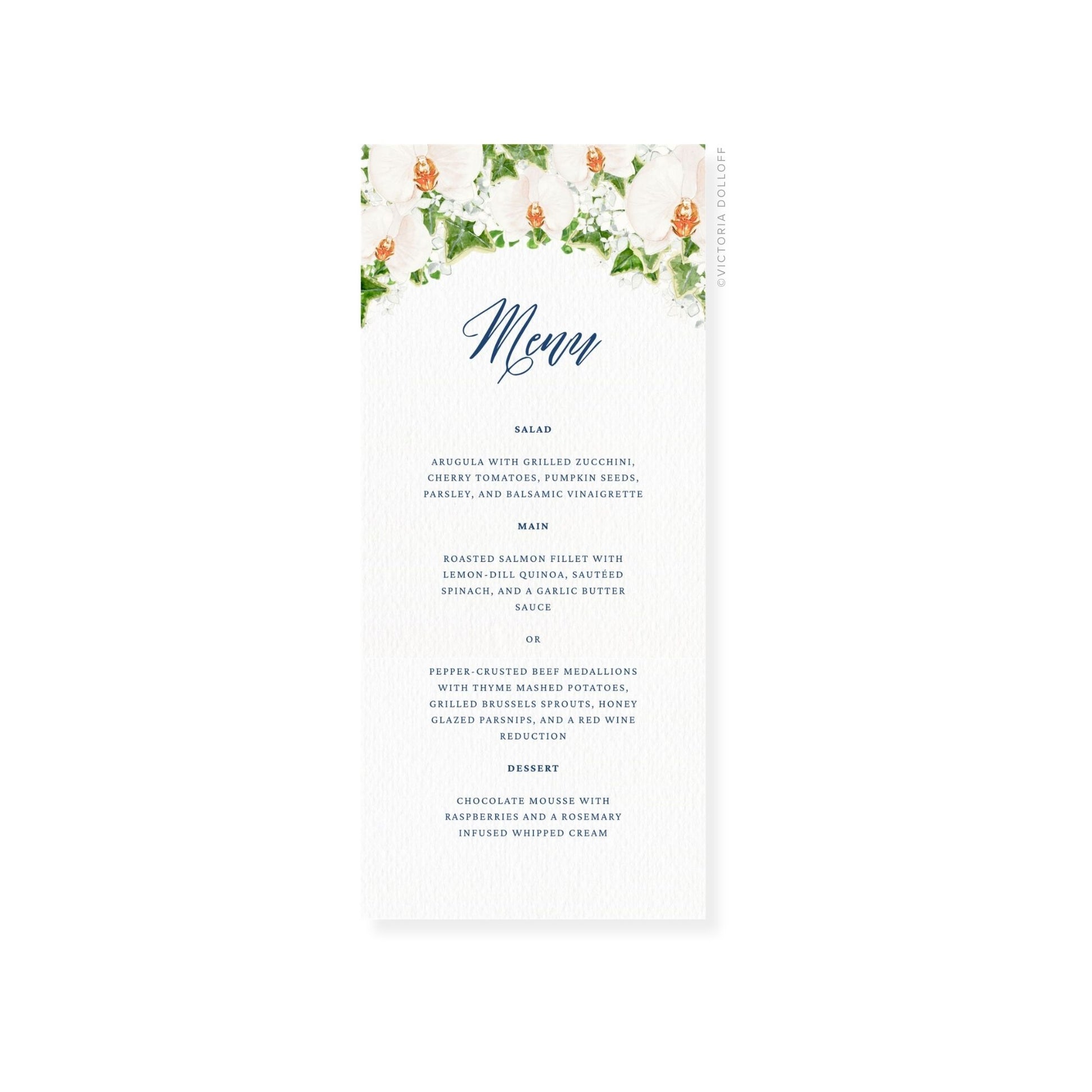 Wedding menu card with “Menu” in elegant script, floral top border, white background
