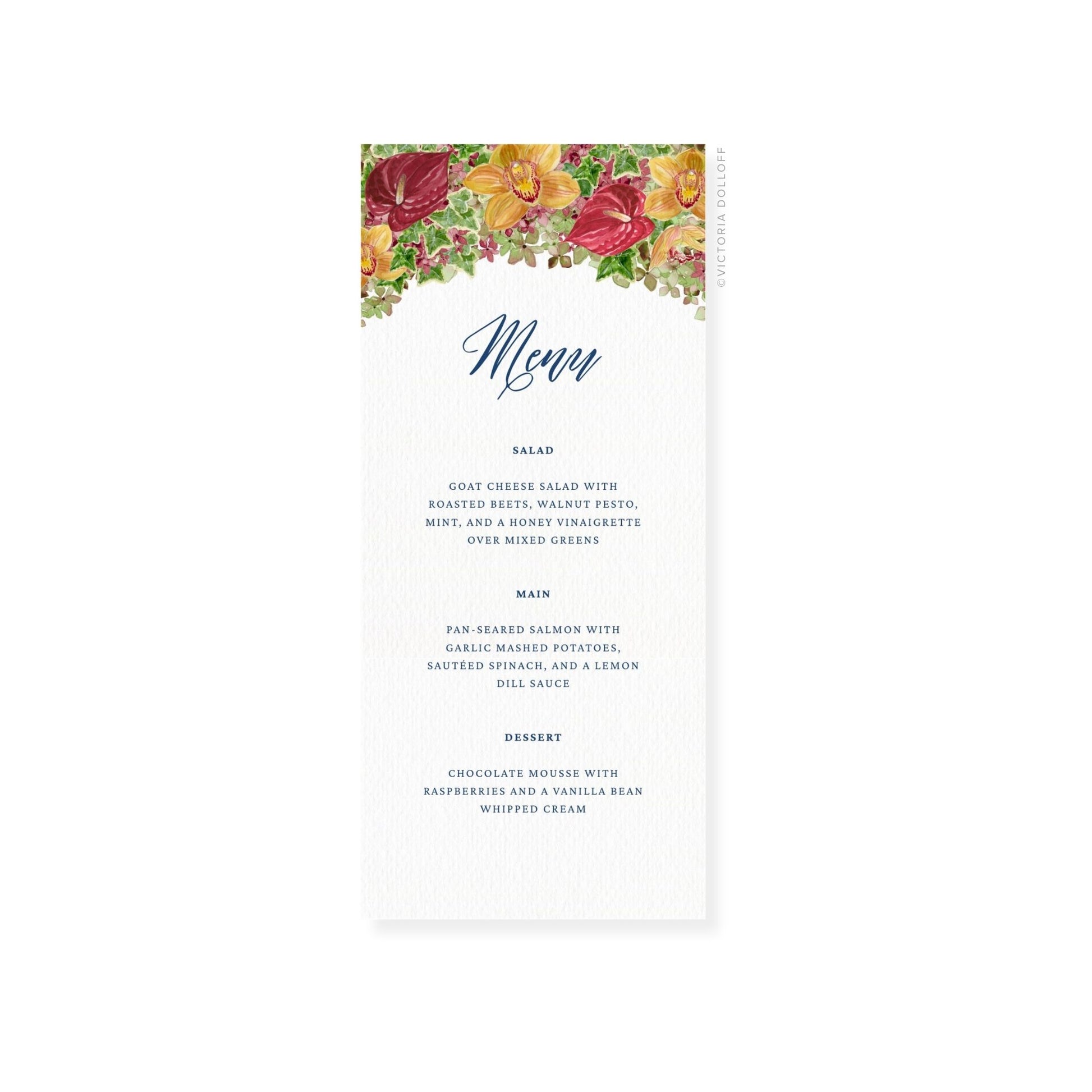 Red floral wedding menu card—Menu in script with salad, main, and dessert text