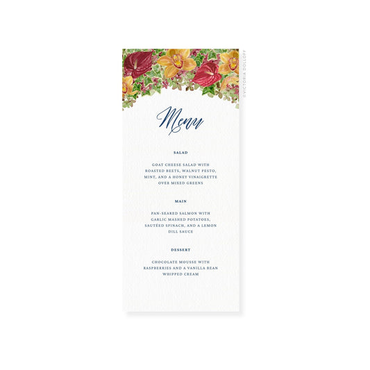 Red floral wedding menu card with script “Menu” and three sections: Salad, Main, Dessert