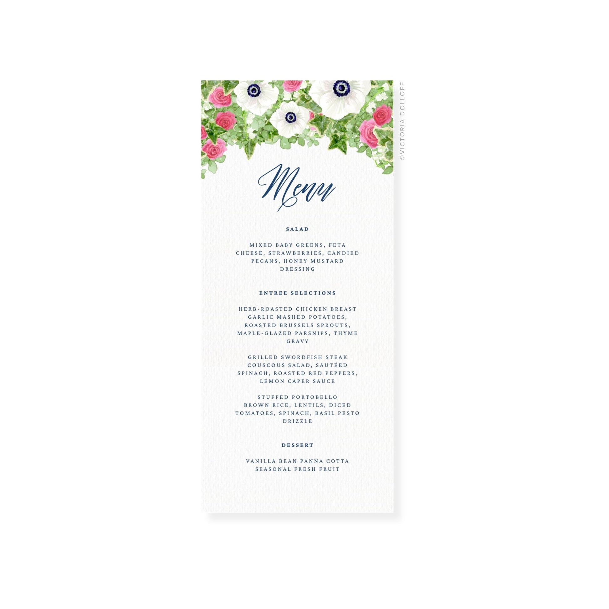 White anemone wedding menu card with floral top border and cursive “Menu”, menu sections