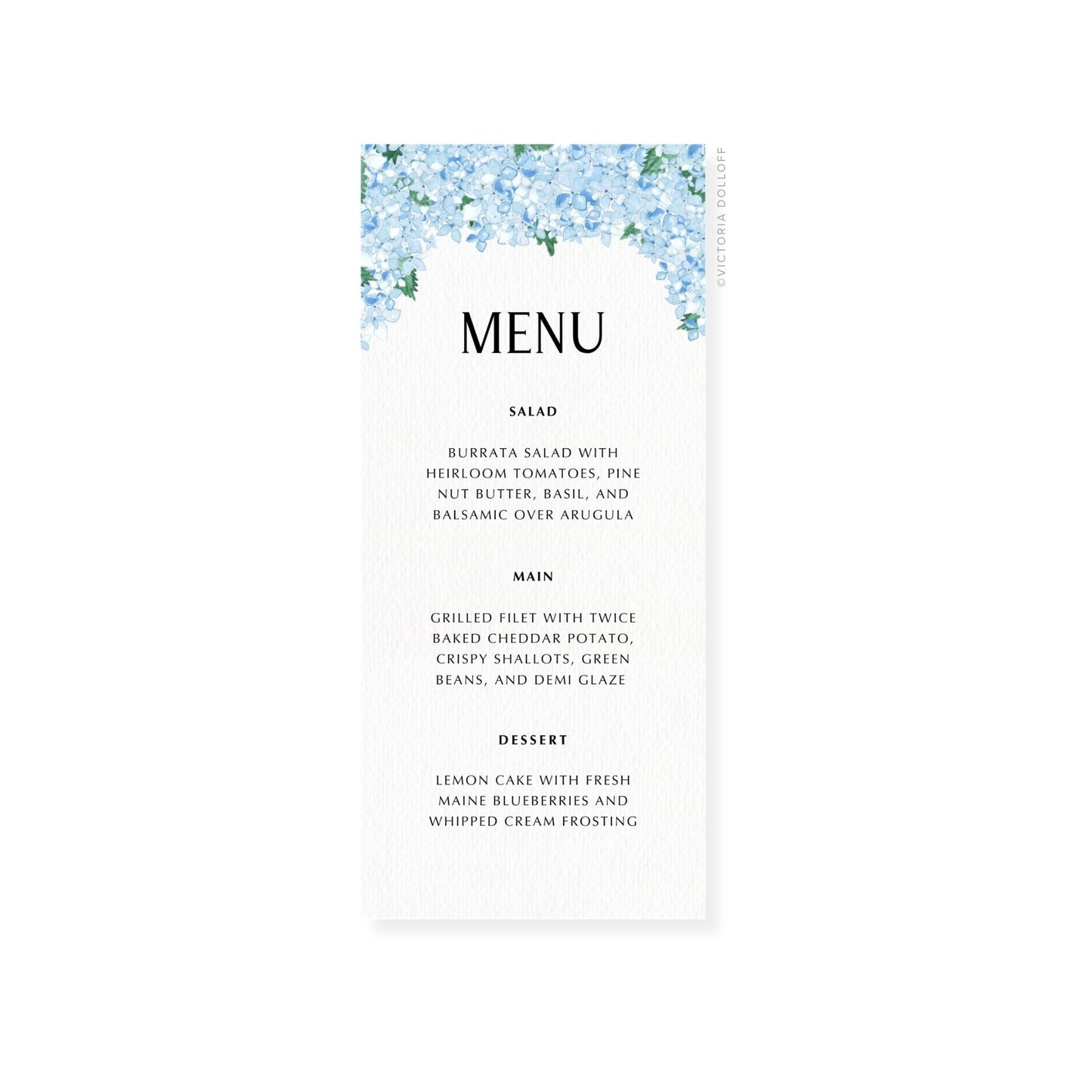 Hydrangea wedding menu card with bold “MENU” header and Salad/Main/Dessert item text