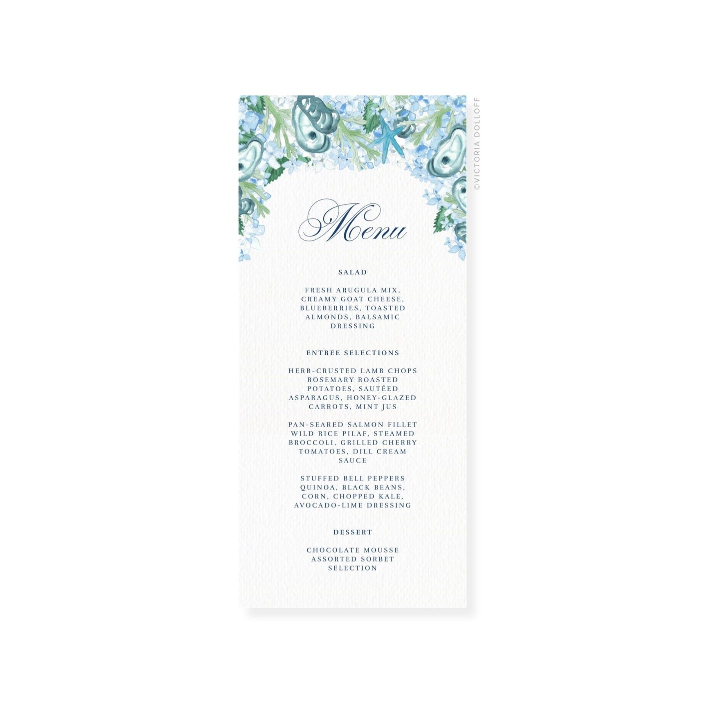 Coastal Oyster wedding menu card with ornate “Menu” lettering and sectioned menu lists