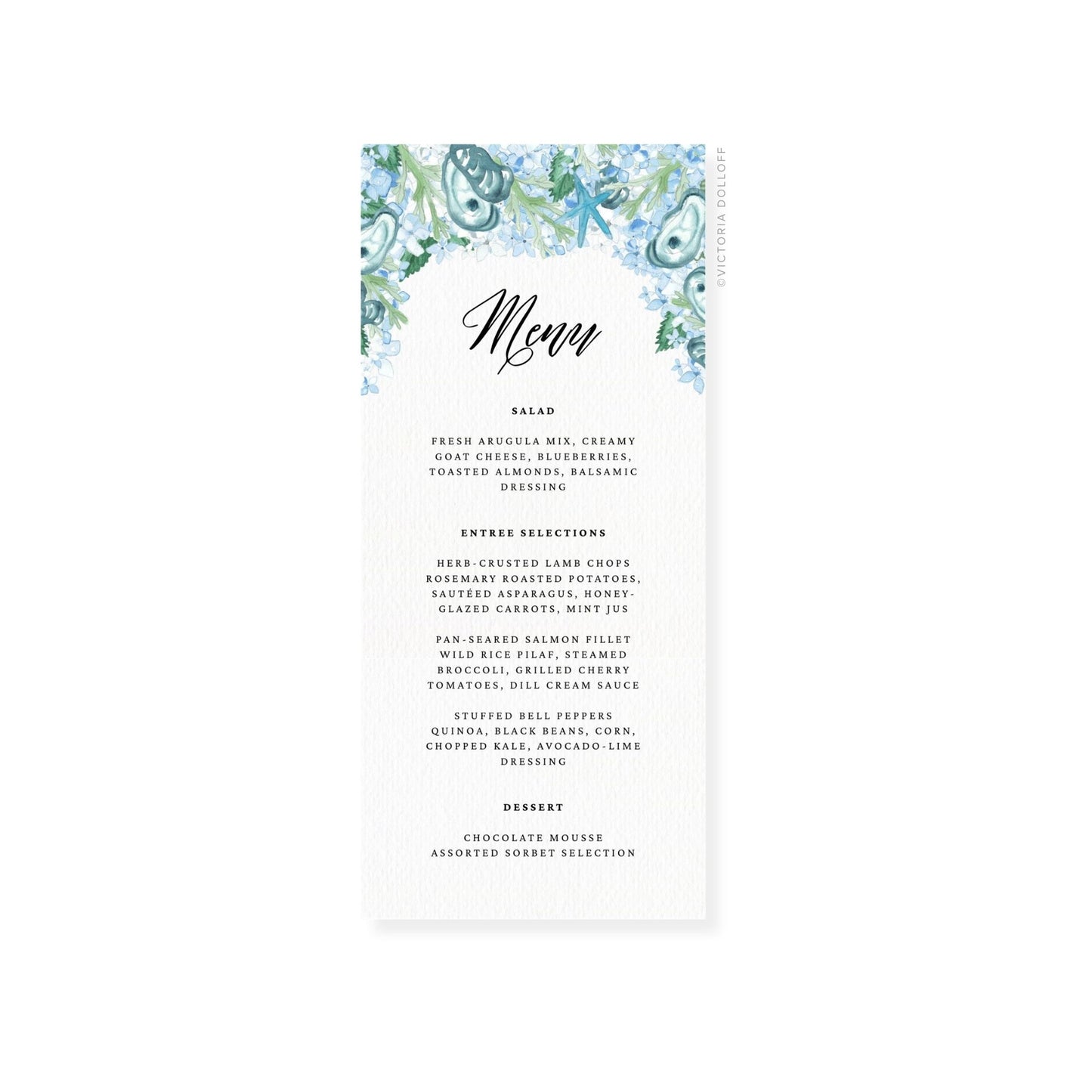 Coastal Oyster wedding menu card showing “Menu” in script over salad, entree, and dessert