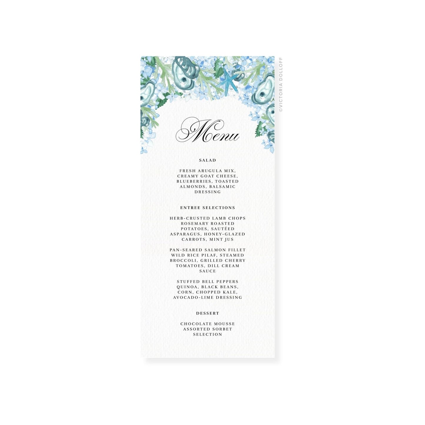 Coastal Oyster wedding menu card featuring ornate “Menu” in darker ink over meal sections