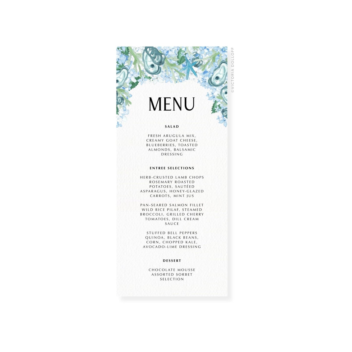 Wedding menu card: MENU header with salad, entrée selections, dessert list; coastal theme