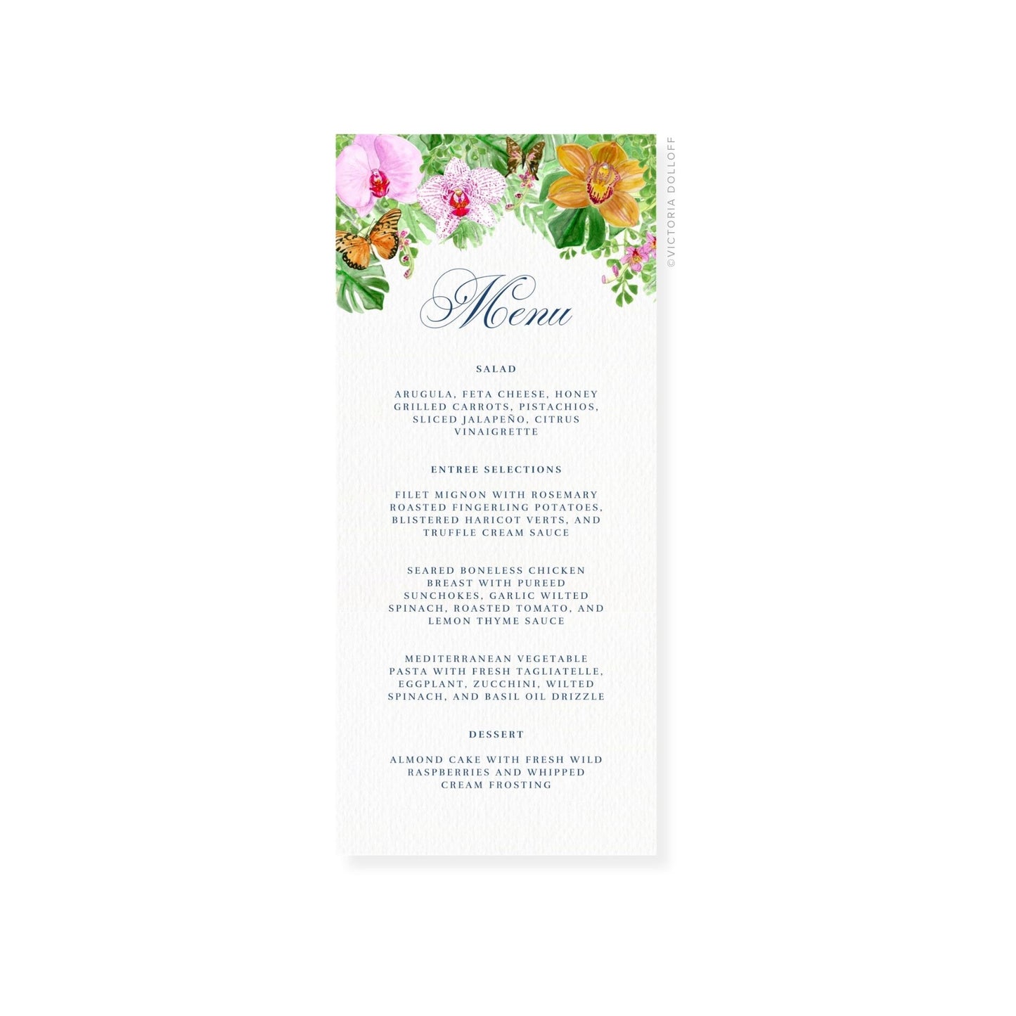 Orchid tropical wedding menu card with “Menu” in elegant script typography