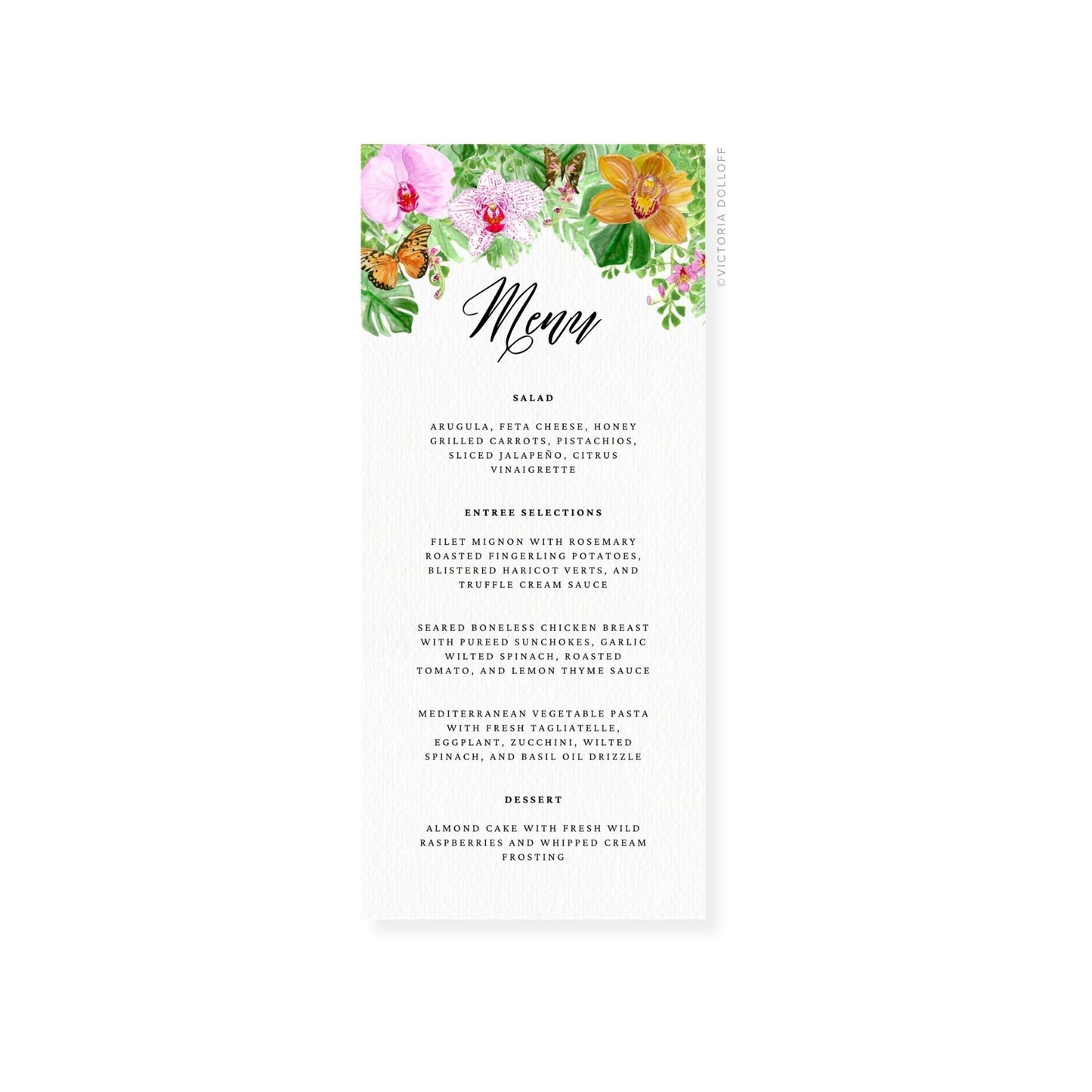 Wedding menu card layout with “Menu” in flowing script and menu sections listed