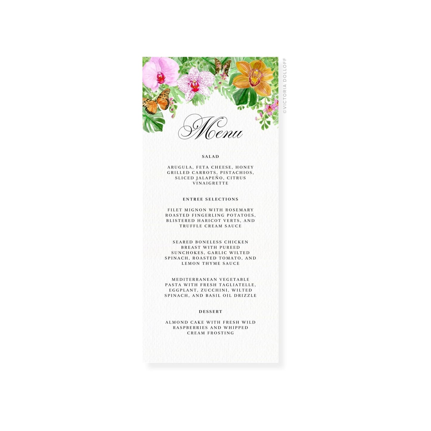 Tropical orchid wedding menu card with “Menu” in stylized script and meal items