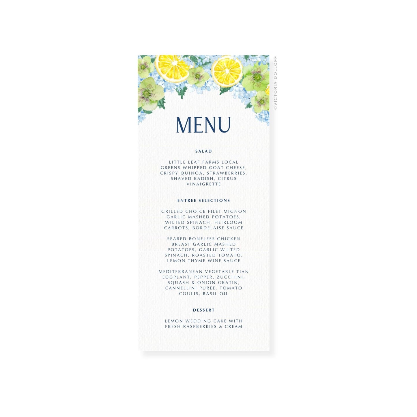Wedding menu card with lemon & hydrangea top border, uppercase “MENU” headline