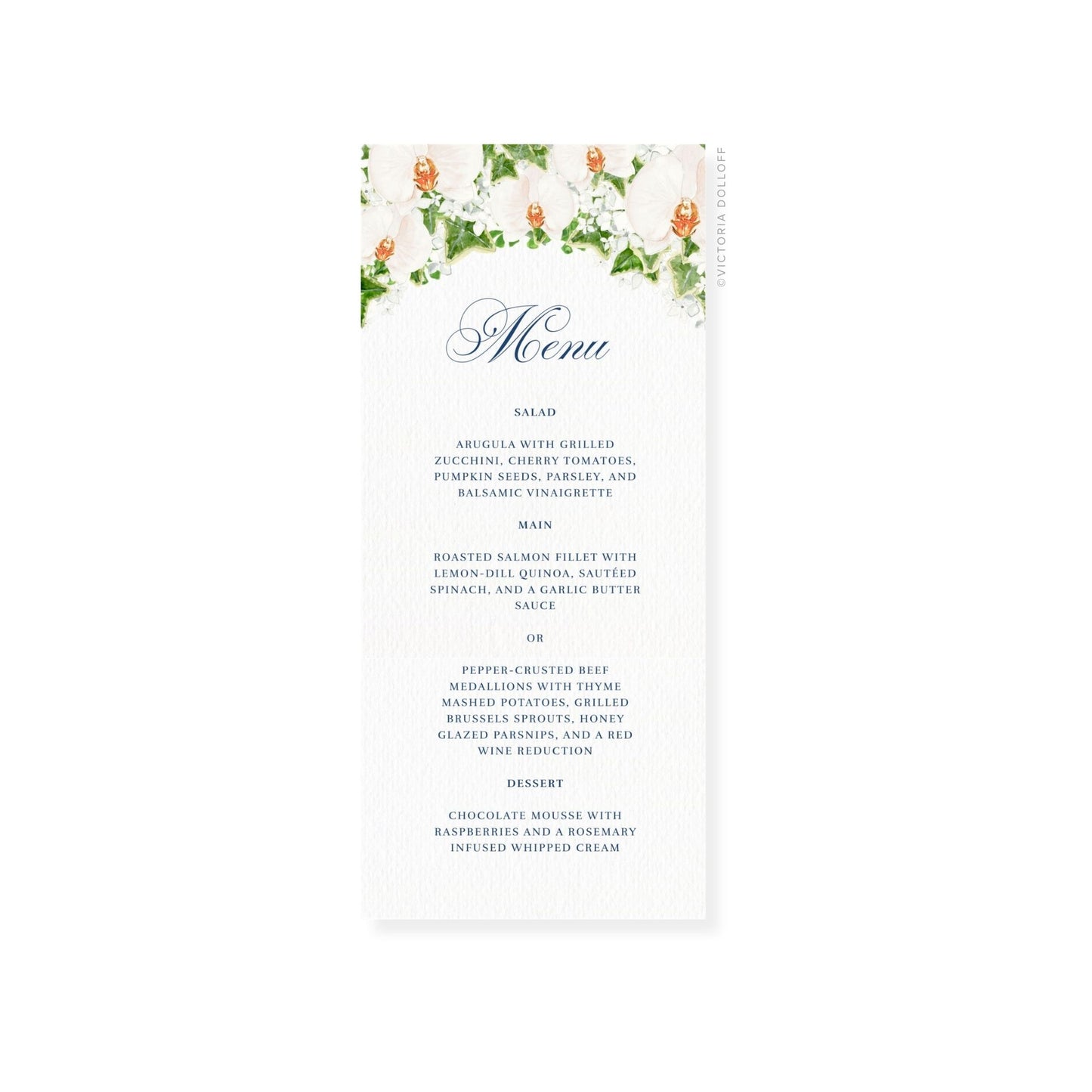 Wedding menu card with swirly “Menu” lettering, floral top border, salad, main, dessert