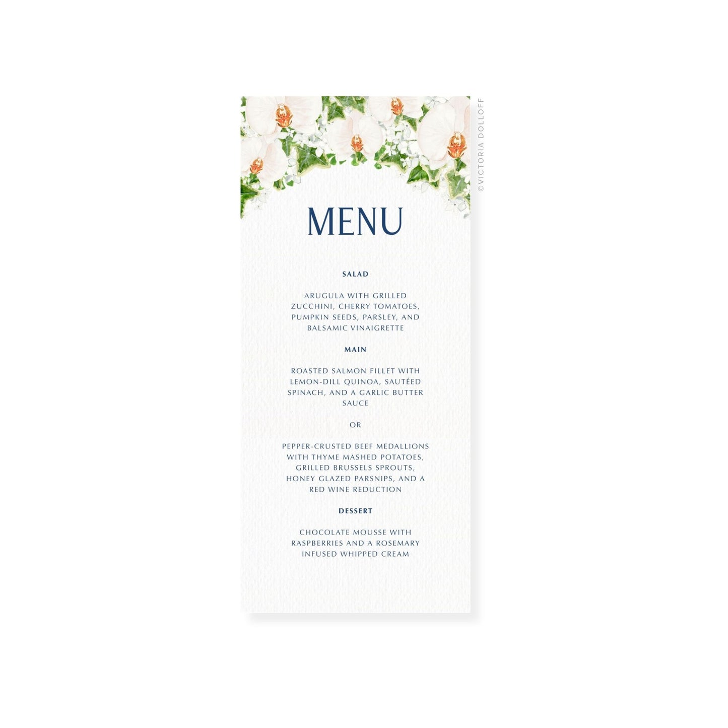 Wedding menu card with uppercase “MENU”, floral top border, and typed menu sections