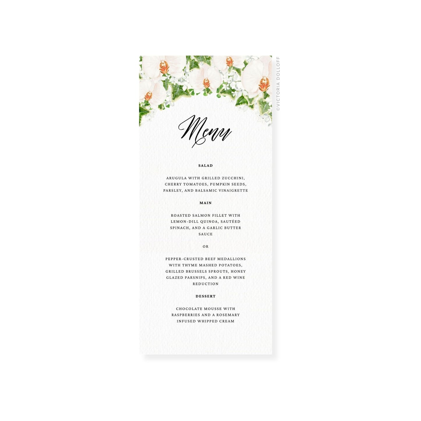 Wedding menu card featuring “Menu” script, floral corner accents, and section headings