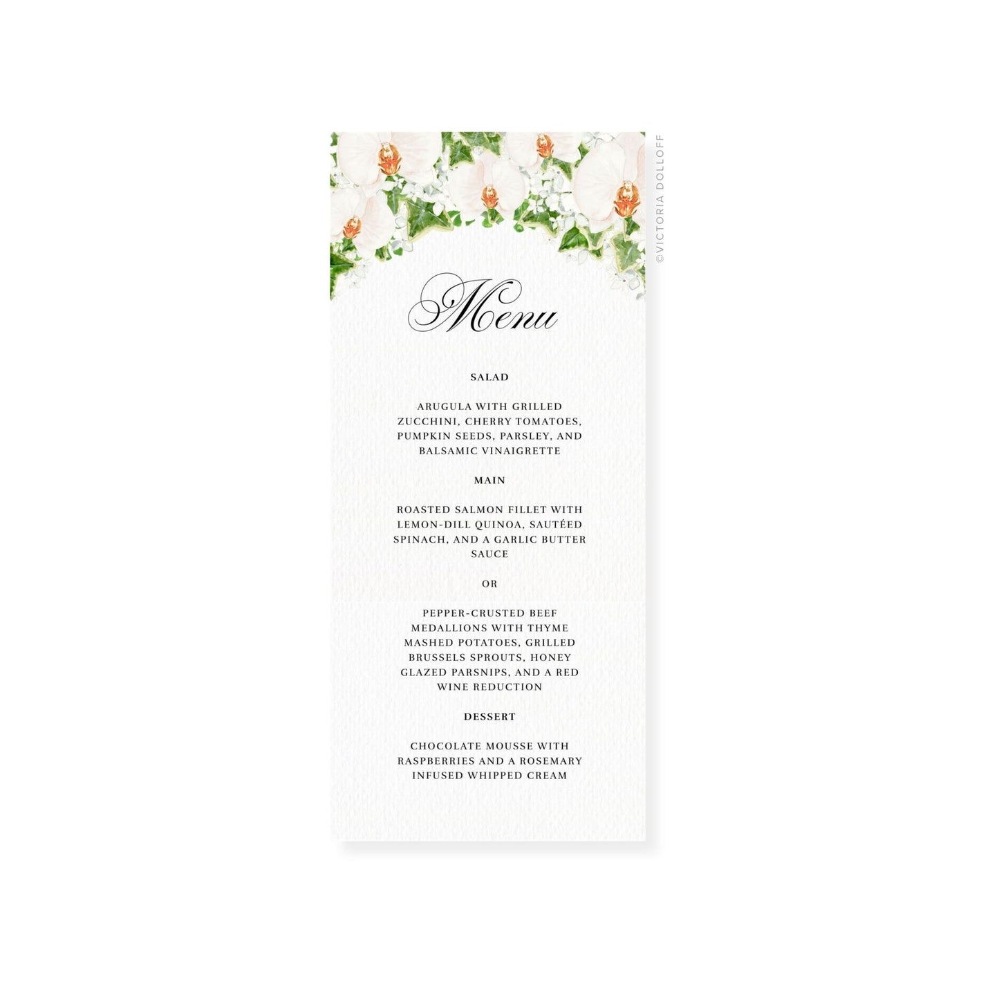 Wedding menu card with “Menu” in ornate script and clearly spaced course categories