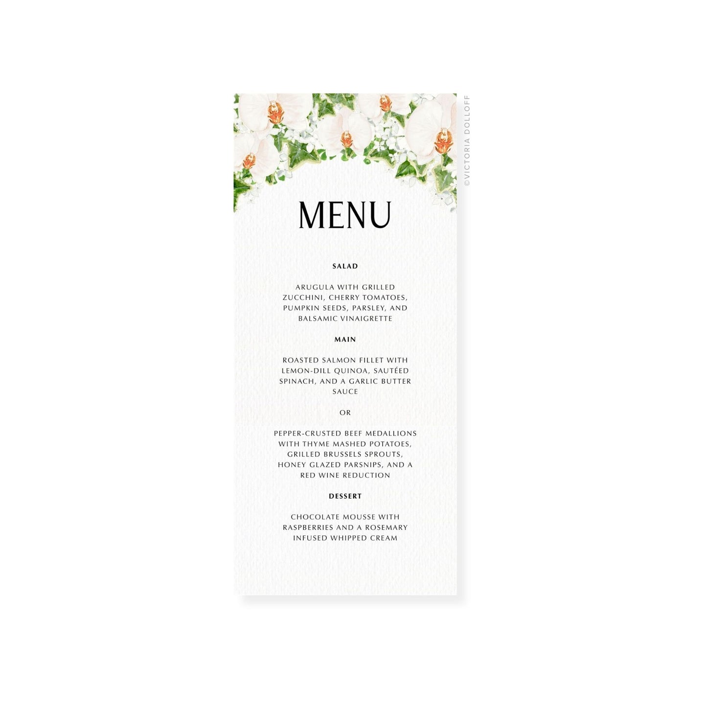 Menükarte Hochzeitsmenü, weiß mit Blumenrand und schwarzer Schrift