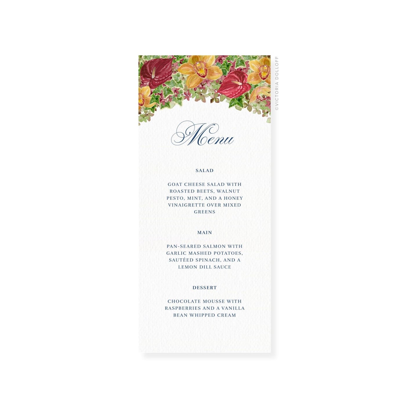 Red floral wedding menu card with ornate “Menu” and sections for Salad, Main, Dessert