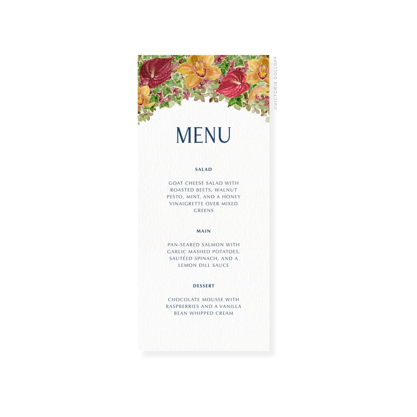 Red floral wedding menu card with uppercase “MENU” and text for Salad, Main, Dessert